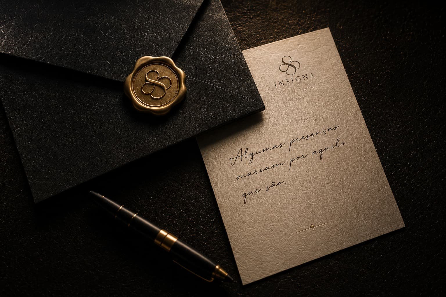 Carta INSIGNA com lacre dourado e caneta