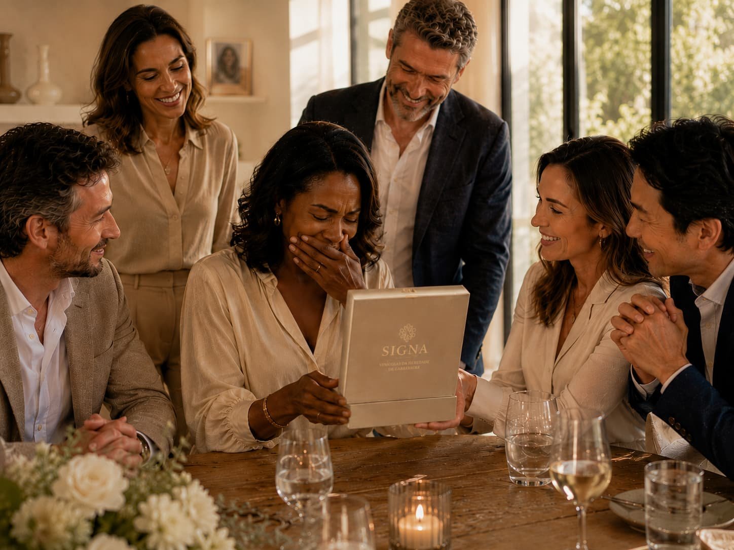 Grupo celebrando com joia — Uma comunidade