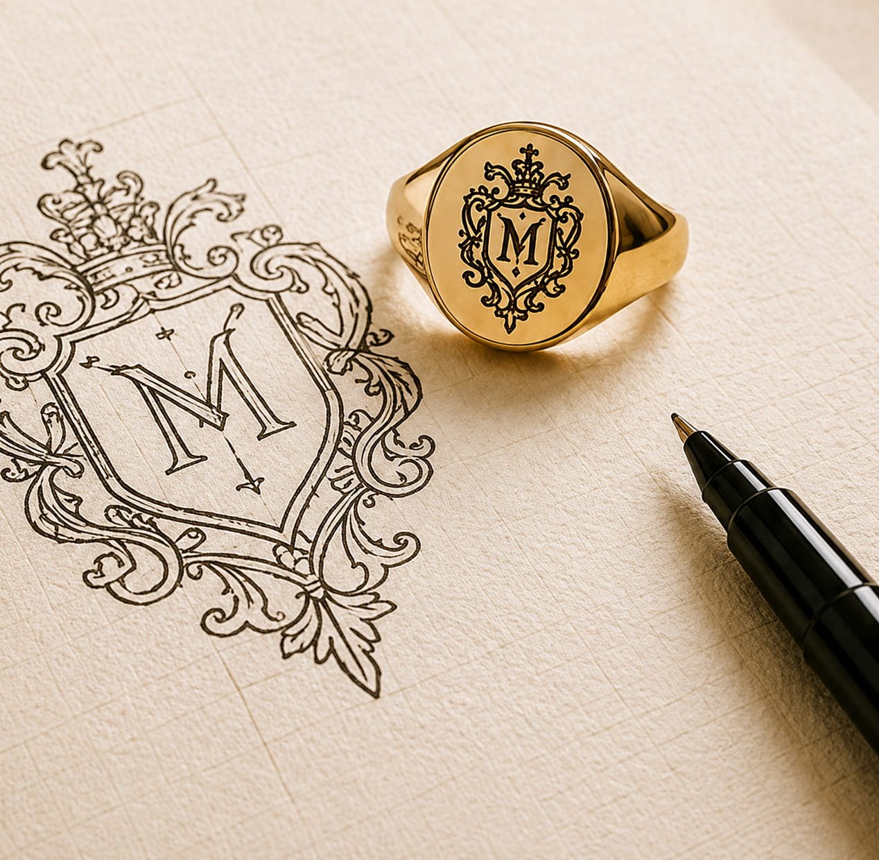 Anel de sinete com brasão em ouro sobre papel manuscrito