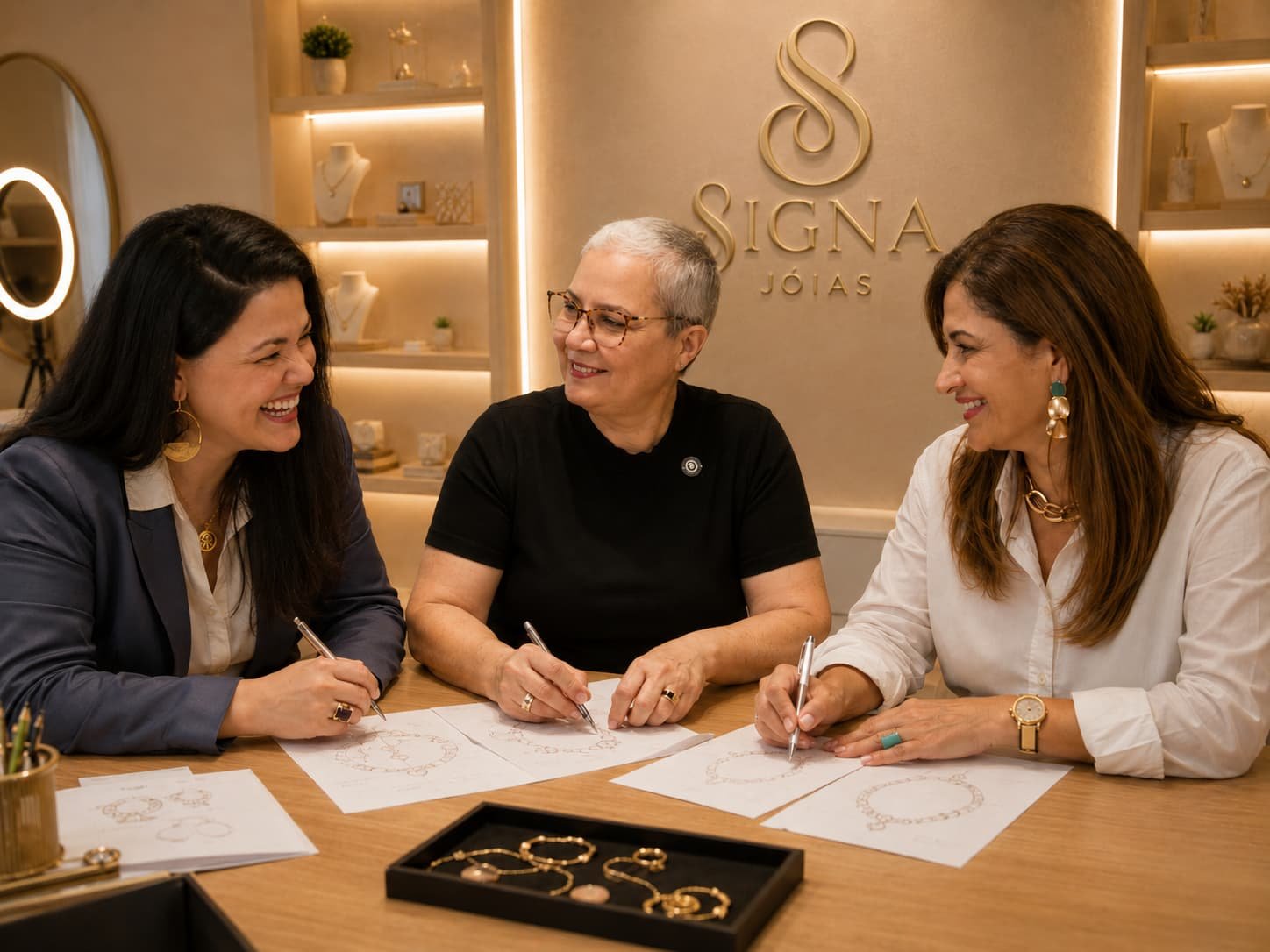 Atelier Signa — mulheres a trabalhar sobre joias e desenhos